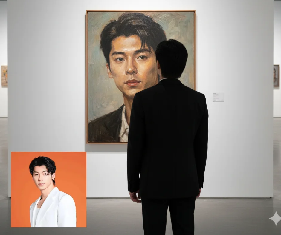 Tạo ảnh prompt nhân vật đứng trong viện bảo tàng ngắm ảnh chân dung của chính mình